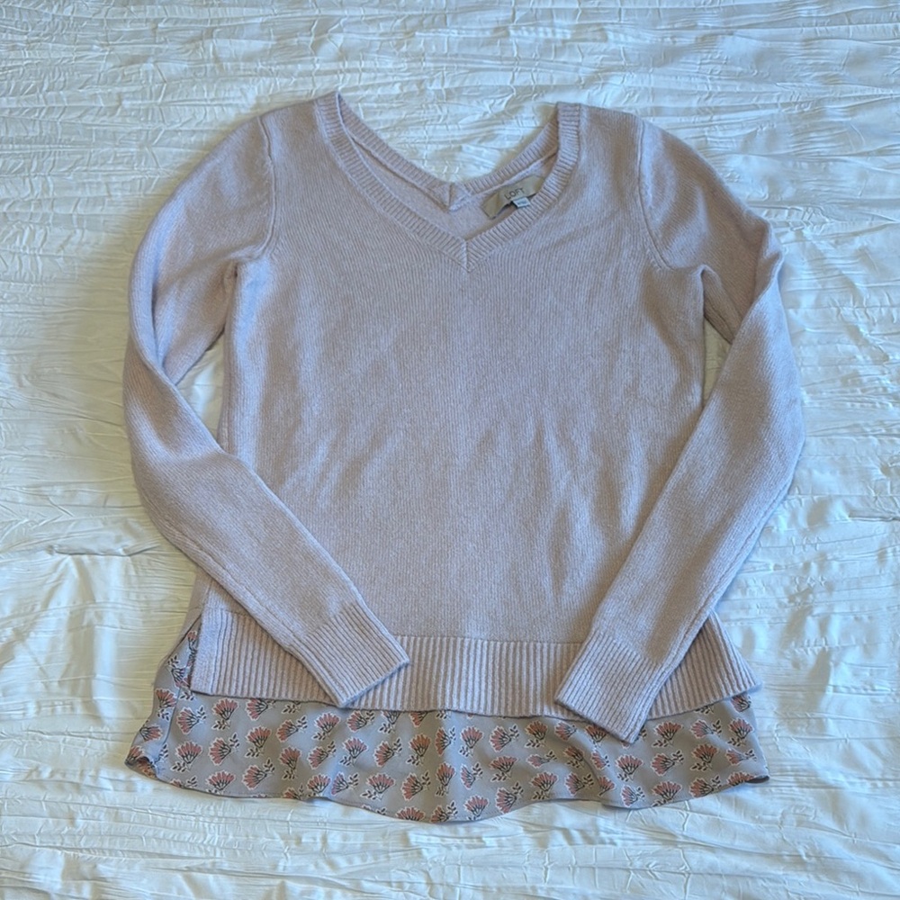 LOFT V-Neck Sweater with Floral Hem